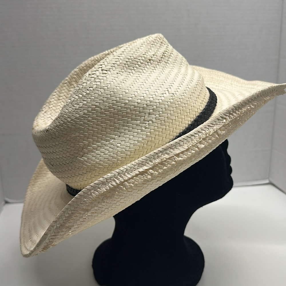 Stetson Cowboy Hat Western Straw Braided Belt Buckle Ivory Black Size Medium - Picture 5 of 10